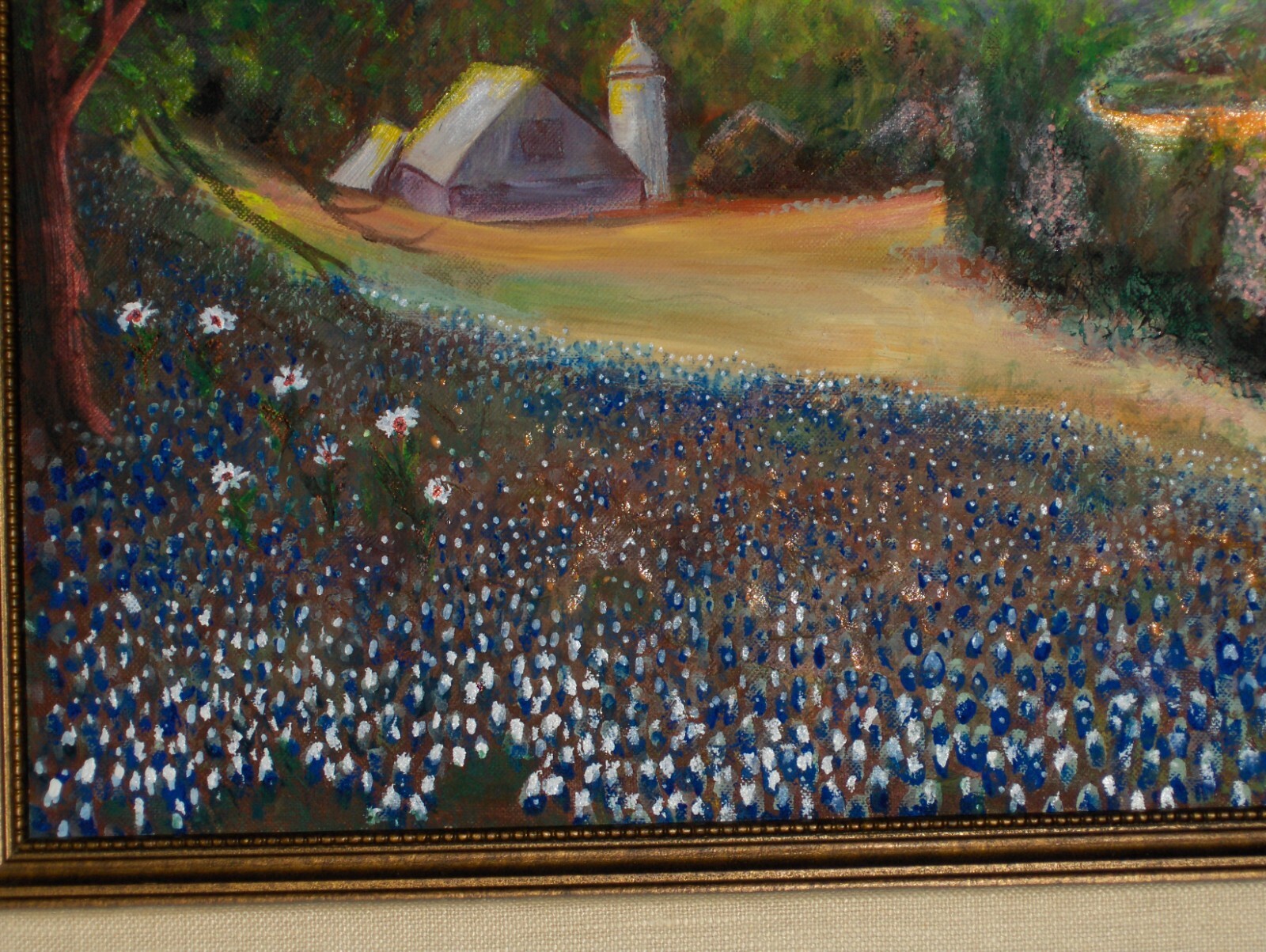 LARGE ORIGINAL Bluebonnet Landscape Lake Creek Blooming Tree Vintag Cnv Painting