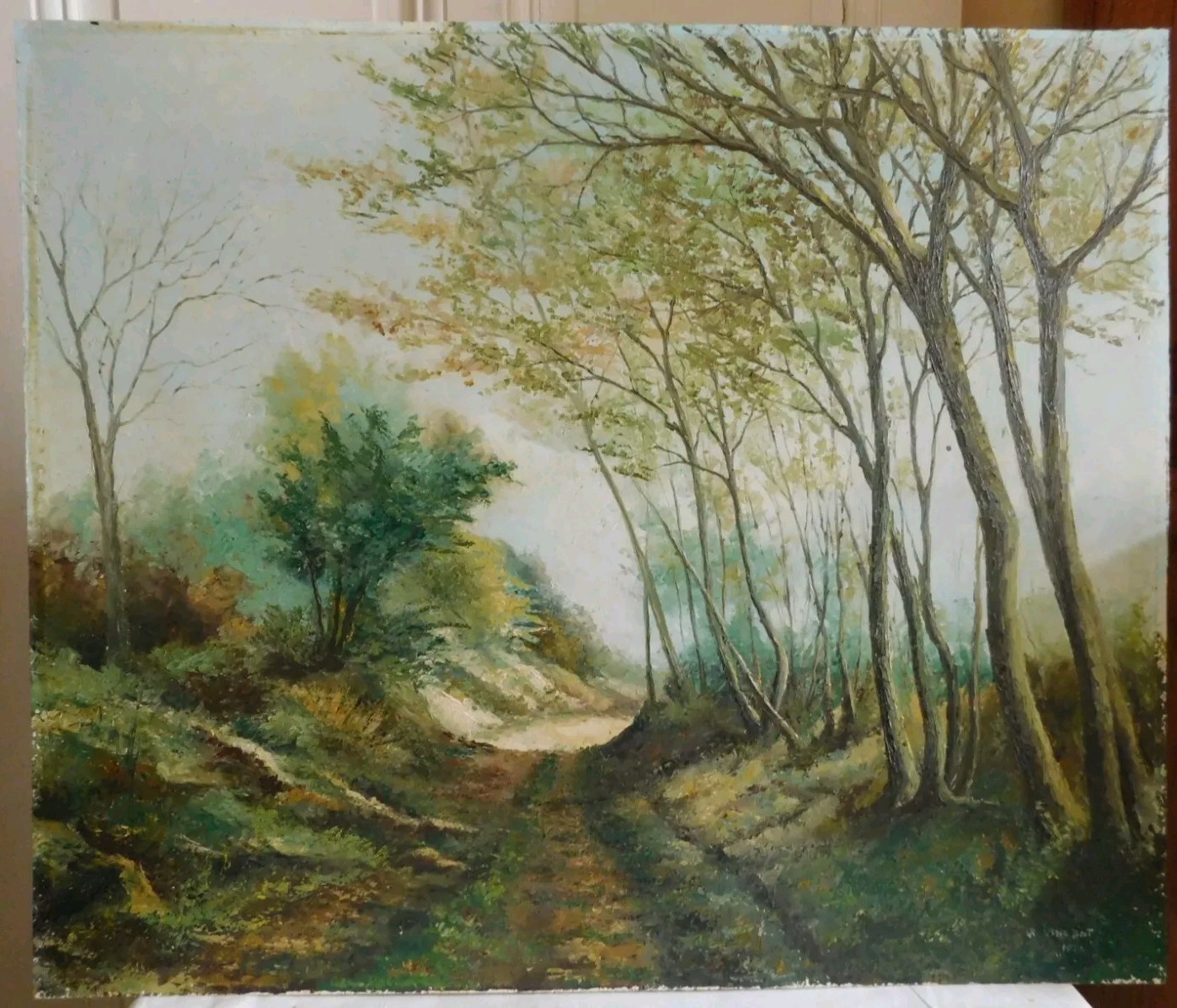 VINCENT (20th) «Bucolic Landscape of Underwood» Large Oil on Panel 1972