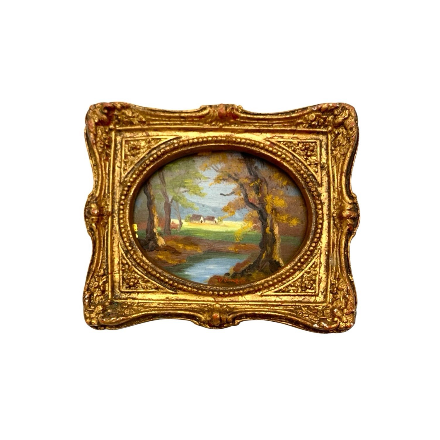 Painting Landscape Oil on Board in Plaster Frame Vintage Miniature Art