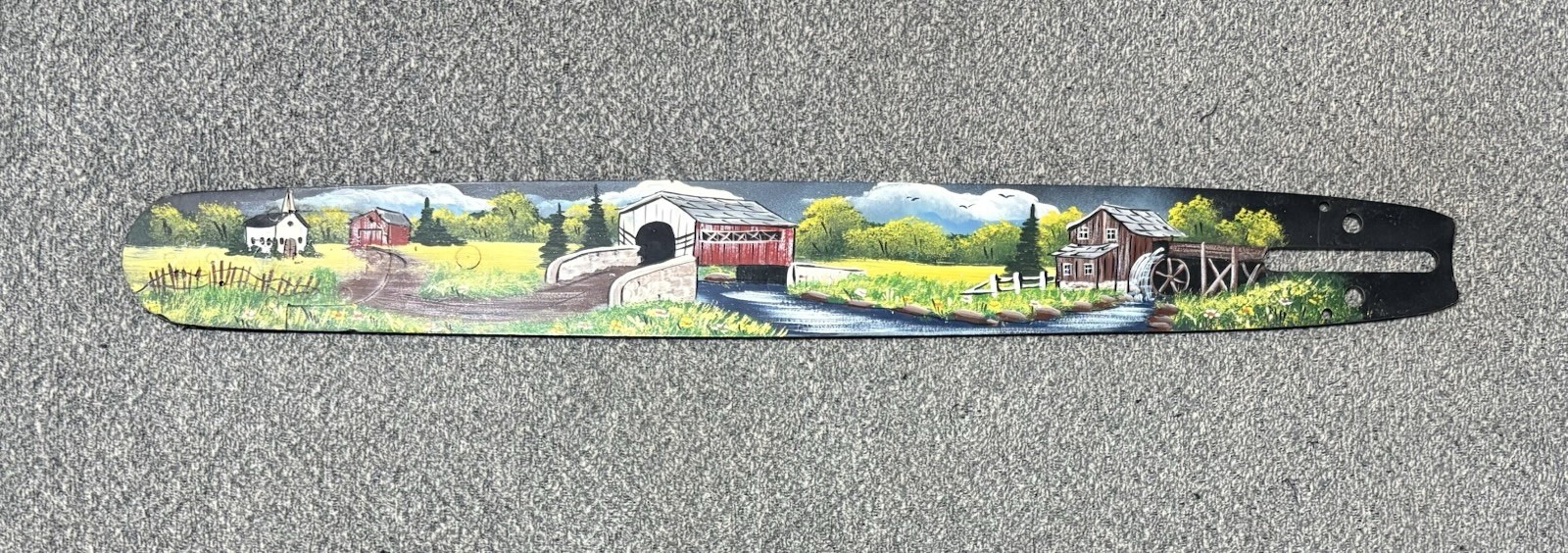 Painted Chainsaw Bar – Church/Covered Bridge/Water Mill Scene Folk Art 22-1/2″