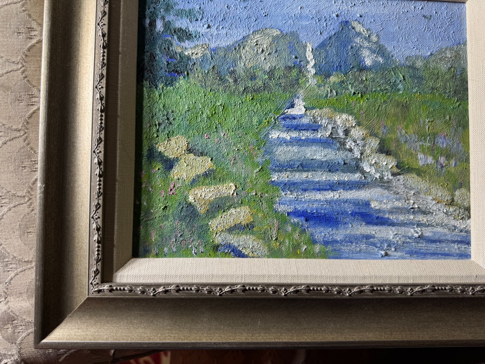 «Cascading River And Landscape Scene» Oil On Board Painting – Framed