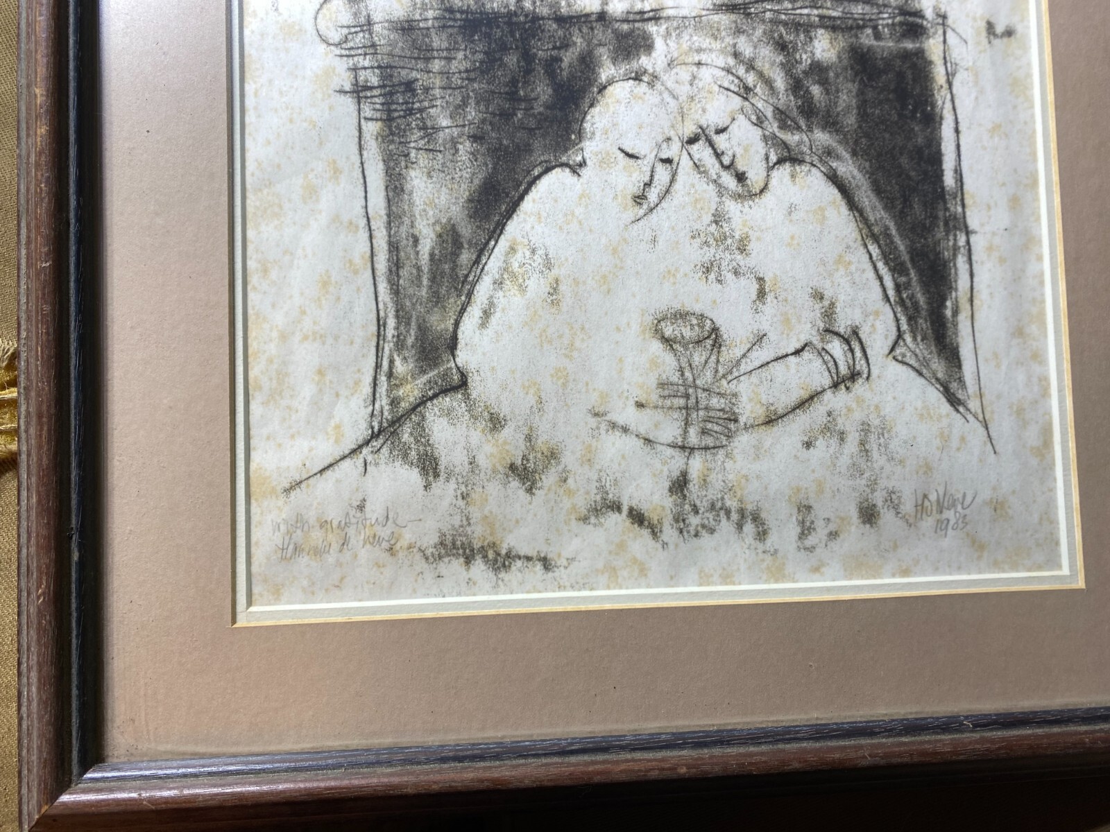 1983 «Two Figures Scene» Mixed Media Painting – Signed And Framed
