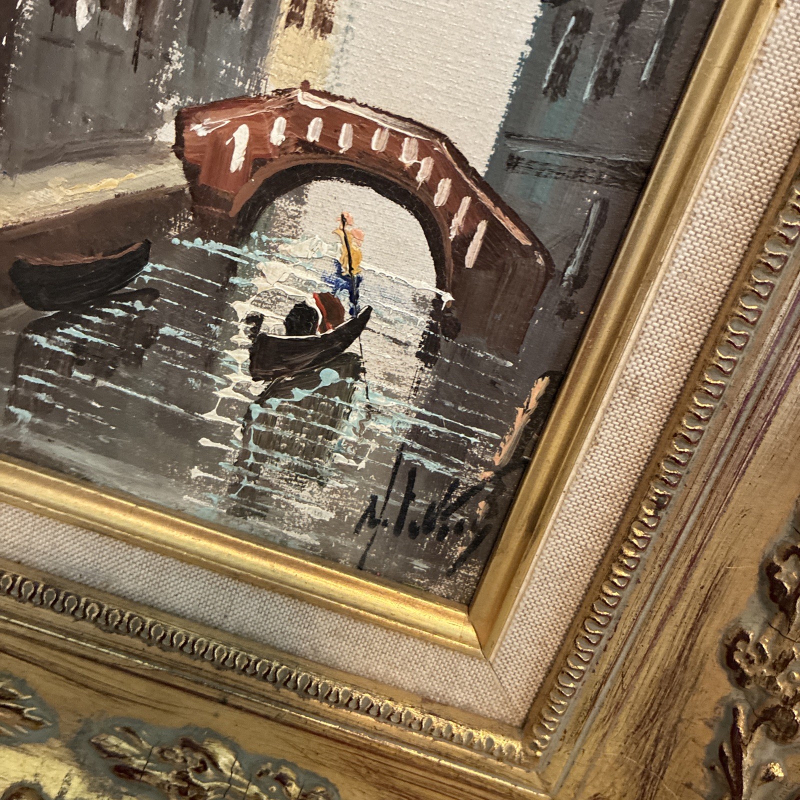VTG Antonio DeVity Signed Oil on Canvas Painting. Gondola Scene 17×12 Gold Frame