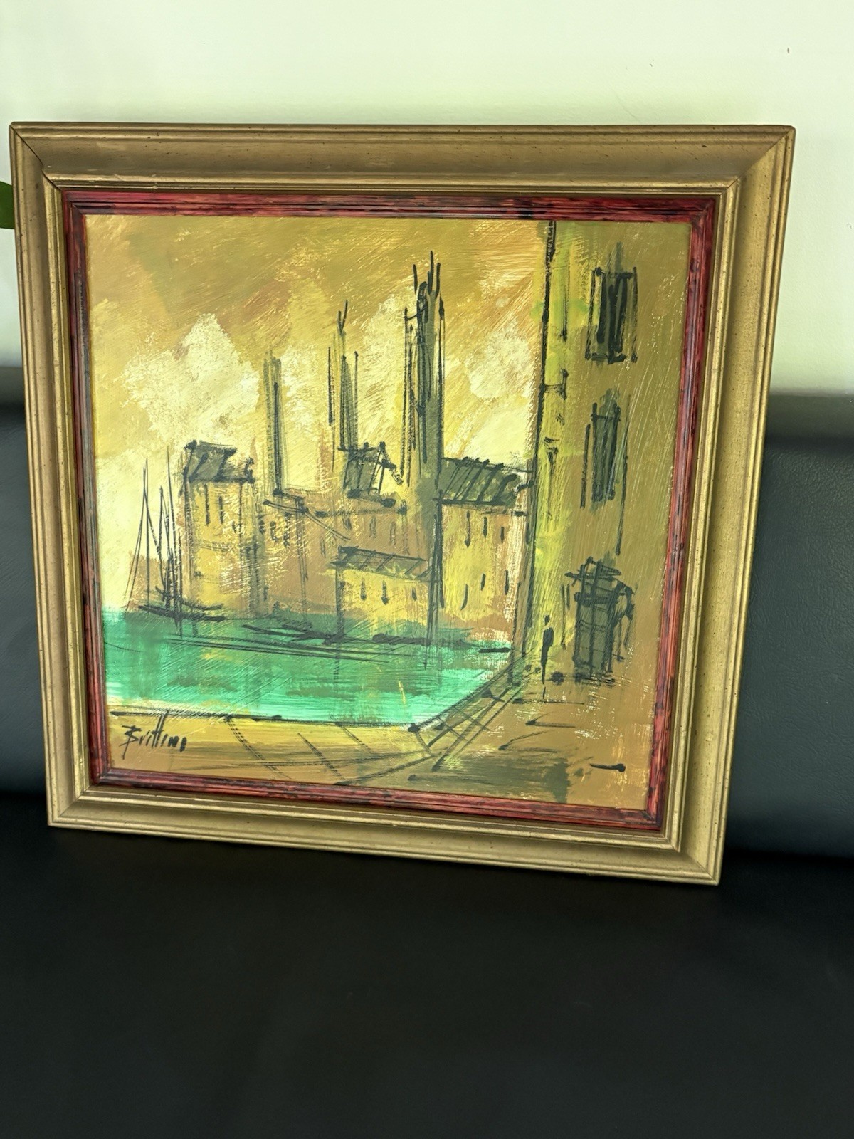 Vintage MCM Impasto Framed Painting Houses on Water Brittini 19” X 19”