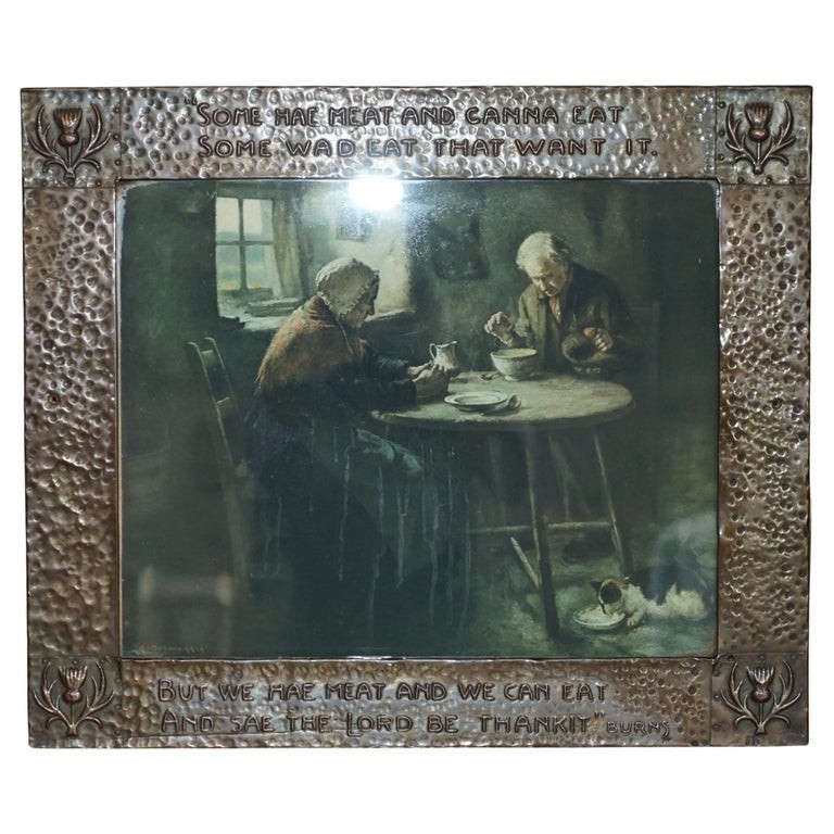 ANTIQUE COPPER ARTS & CRAFTS SCOTTISH BURNS QUOTE FRAME WITH H.J DOBSON PRINT