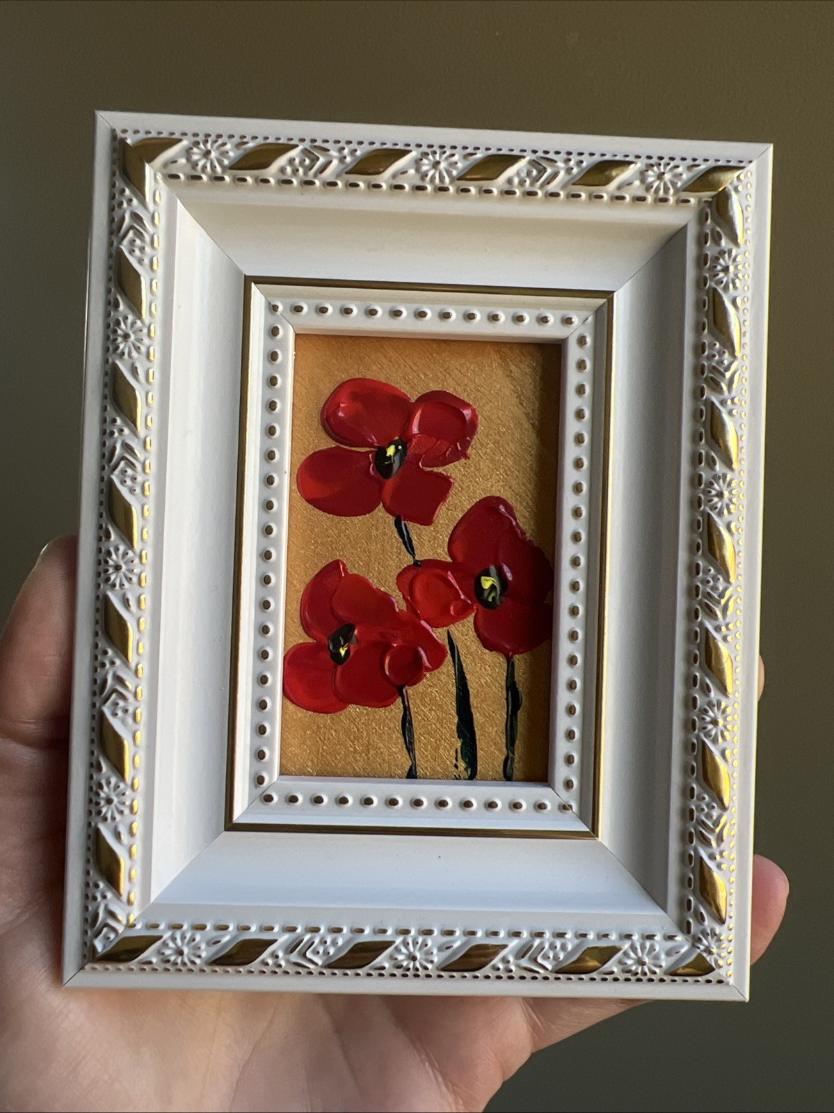 Red Poppies flowers, original,miniature Painting,small,mini, Framed,wall Art