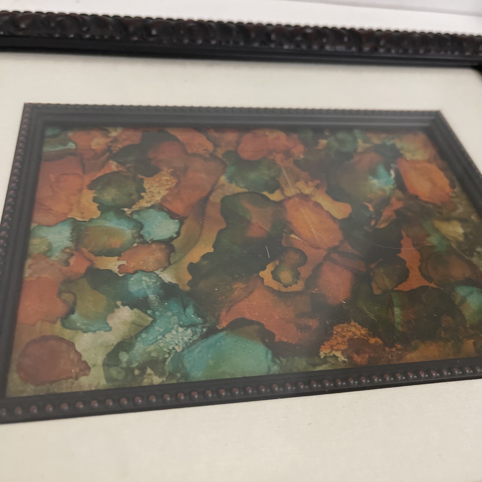 Abstract Reverse-Painted Glass Painting Liquid Pour Framed Art 12×14”