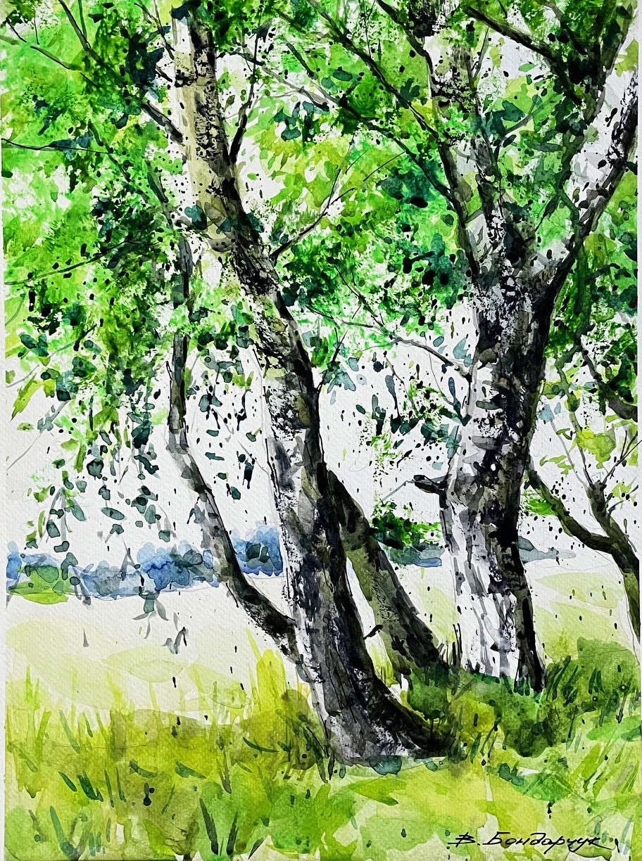 Original watercolor painting. Minimalist landscape with birch trees
