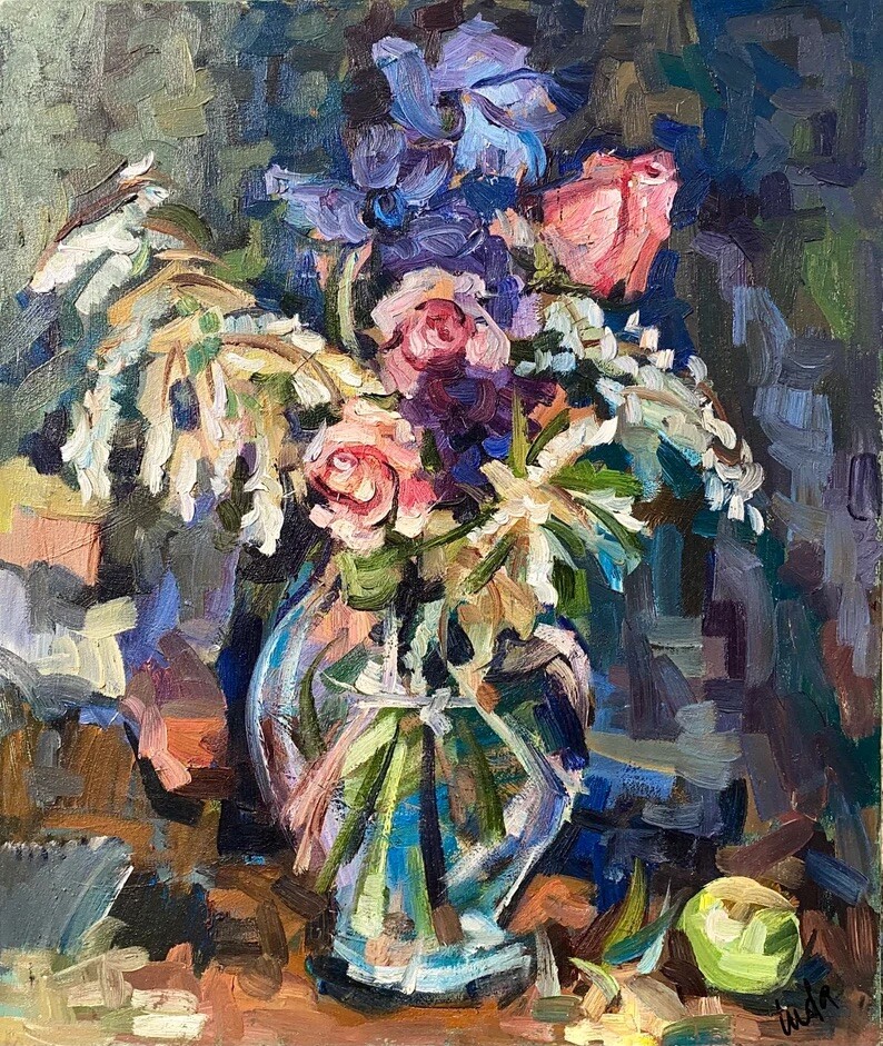 Handmade Still Life of Flowers in a Glass Vase Oil Painting on Canvas 22×26 inch