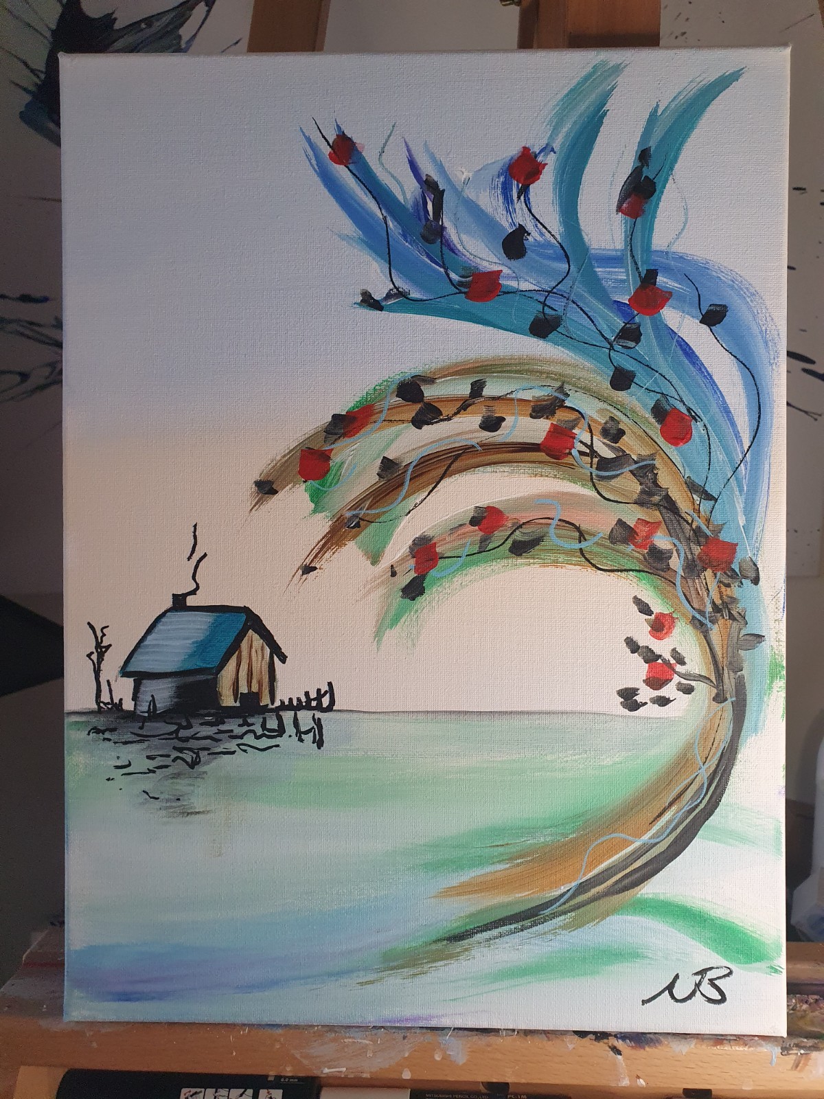 ORIGINAL ACRYLIC PAINTING 12×16 LONELY HOUSE ABSTRACT ARTWORK CANVAS WALL ART