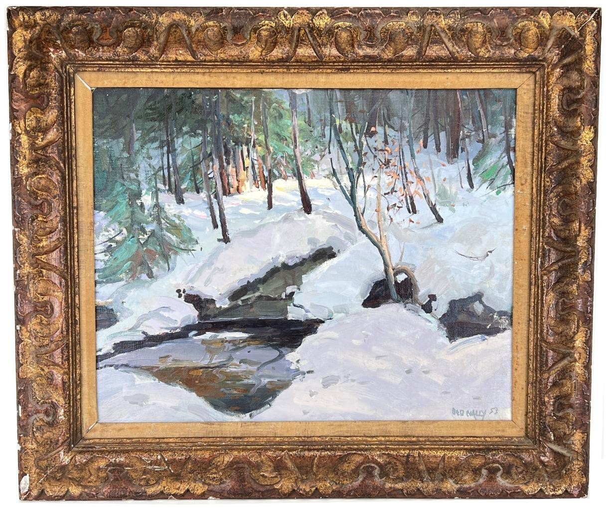 1953 Bob Nally New England Massachusetts Snow Winter Scene Oil on Board Painting