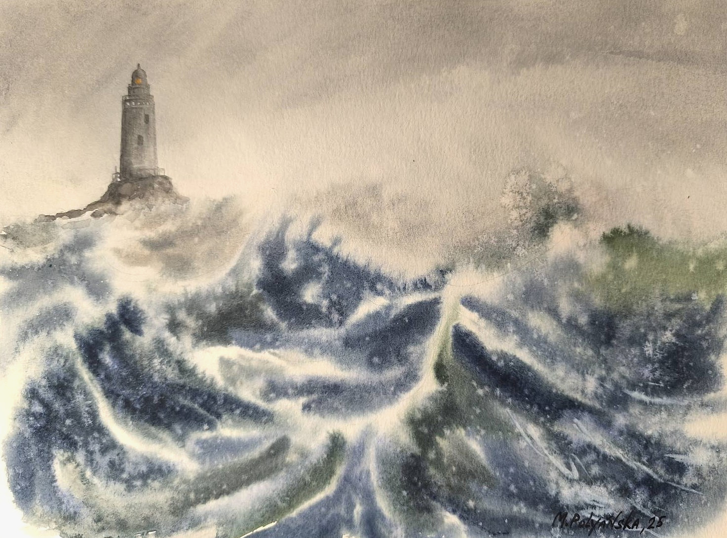 LIGHTHOUSE Large WAVES Original Art Painting Blue SEA Landscape Coastal Gift A4