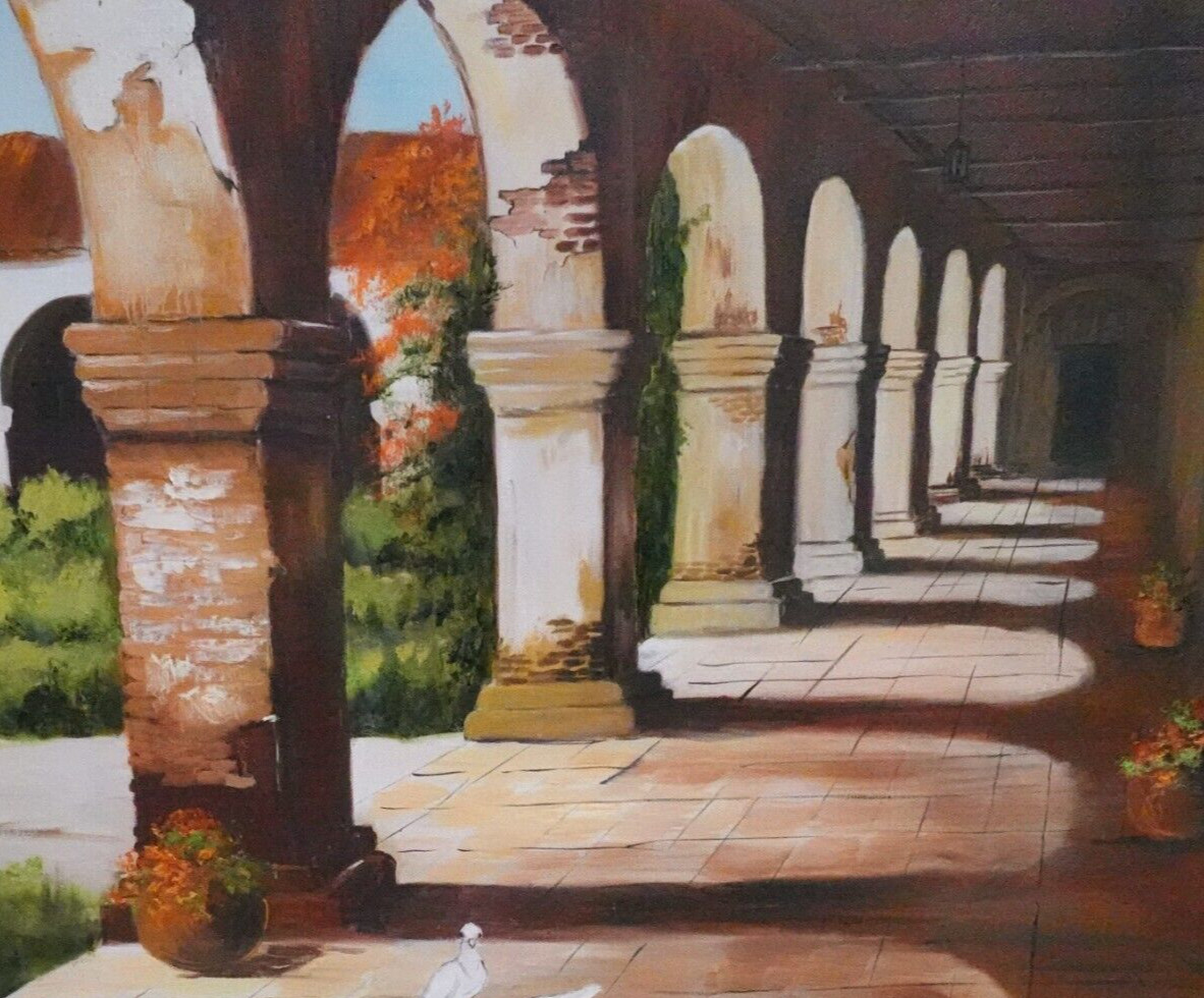 JOHN CUNNINGHAM CALIFORINIA MISSION WHITE DOVES OIL ON CANVAS PAINTING UNFRAMED