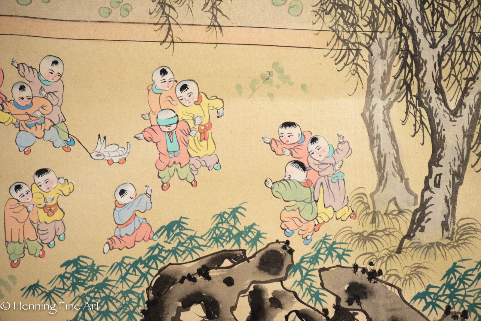 Beautiful Vintage Chinese Silk Painting Children Playing Games in Garden 44 x 27