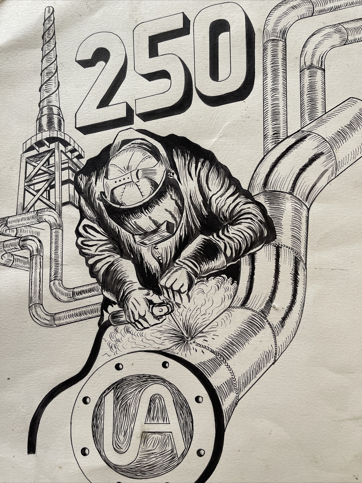 Vintage Industrial Drawing Illustration Original Factory Worker Construction Old