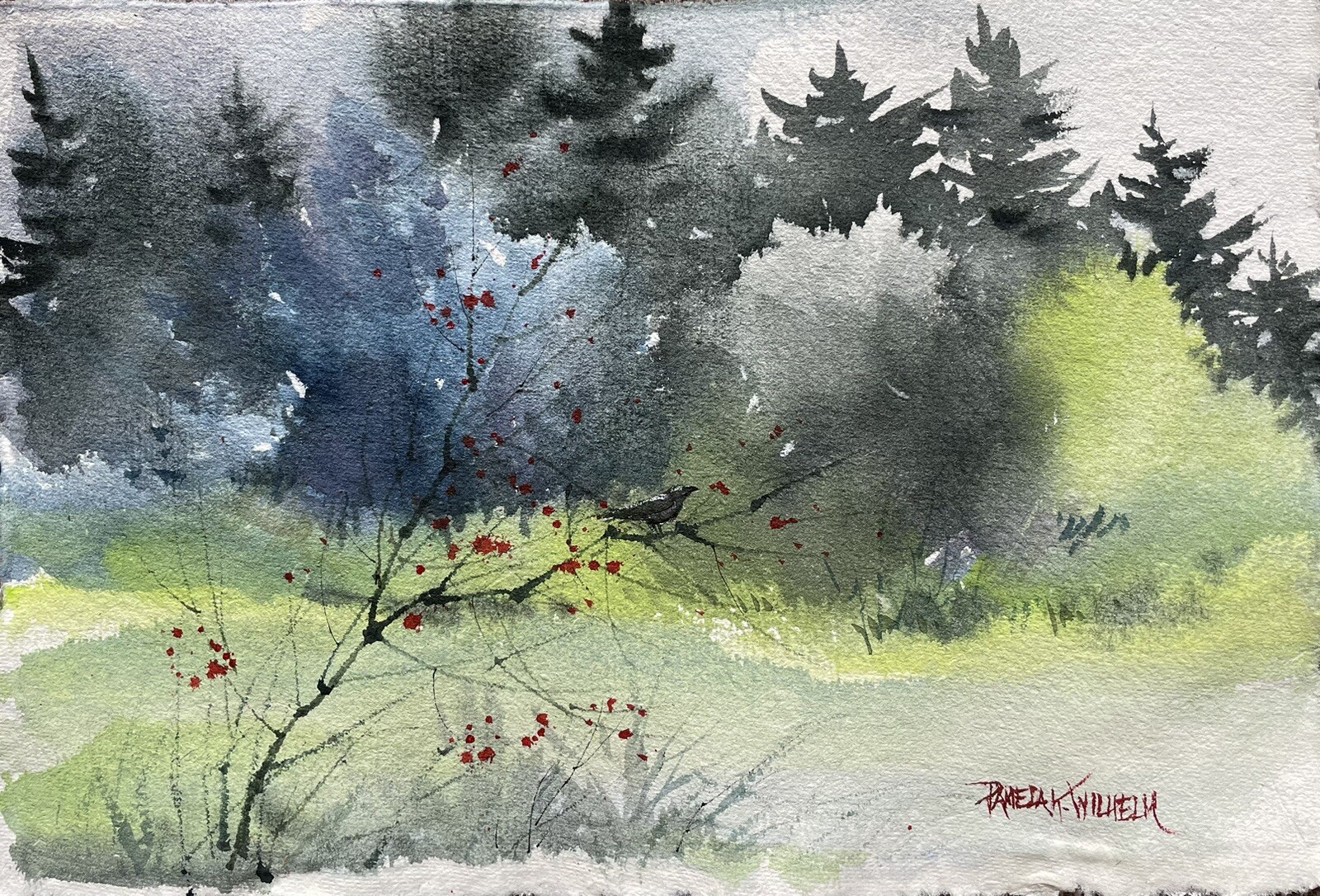 6X9 Original Pamela Wilhelm loose Watercolor black crow red berries tree
