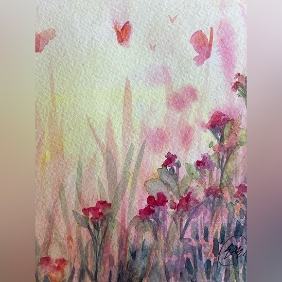 ORIGINAL Butterflies Landscape Watercolor Painting Floral Flowers Artwork USA