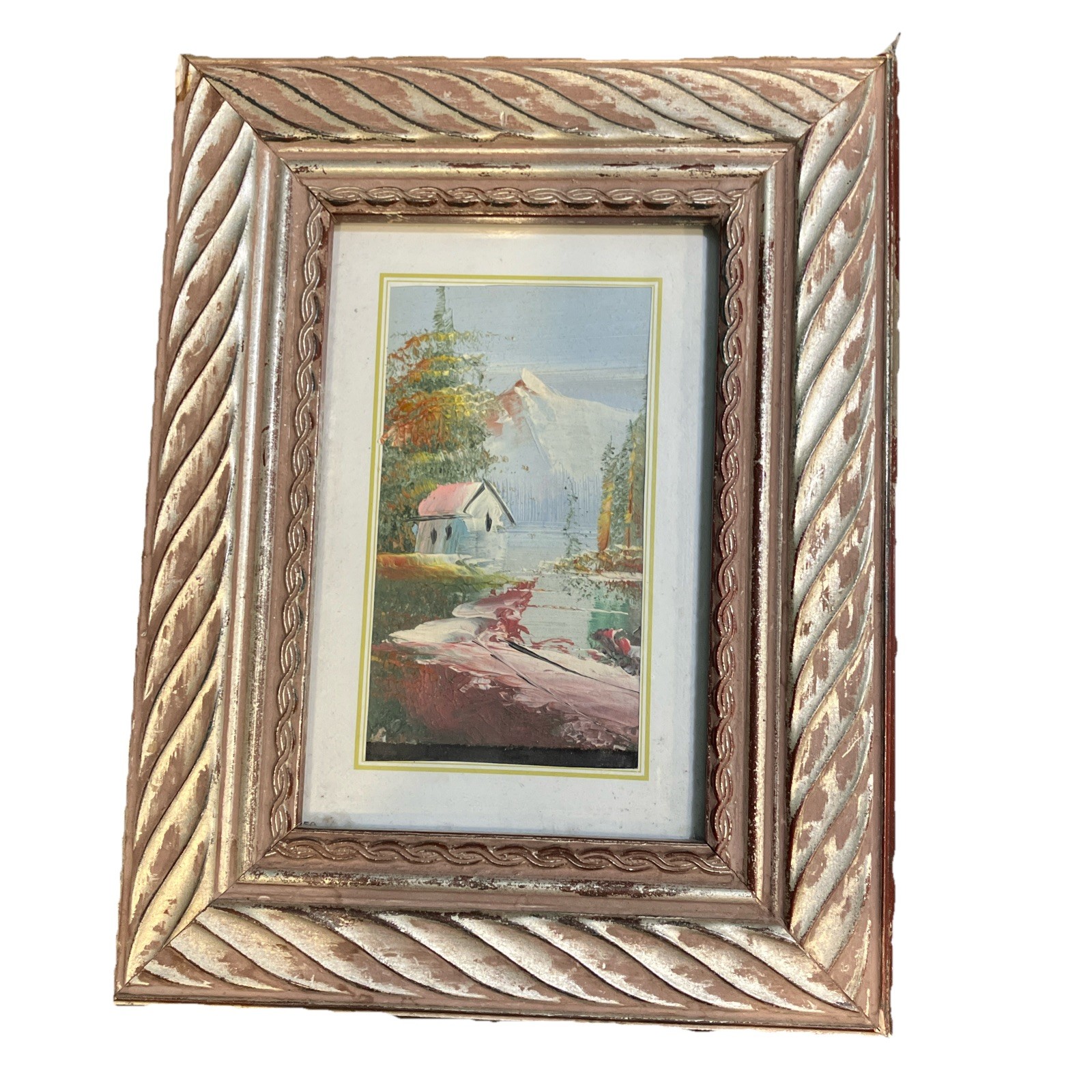 Vintage Miniature Oil Painting 3.5 In x 5 In Framed Nature Mountains Landscape