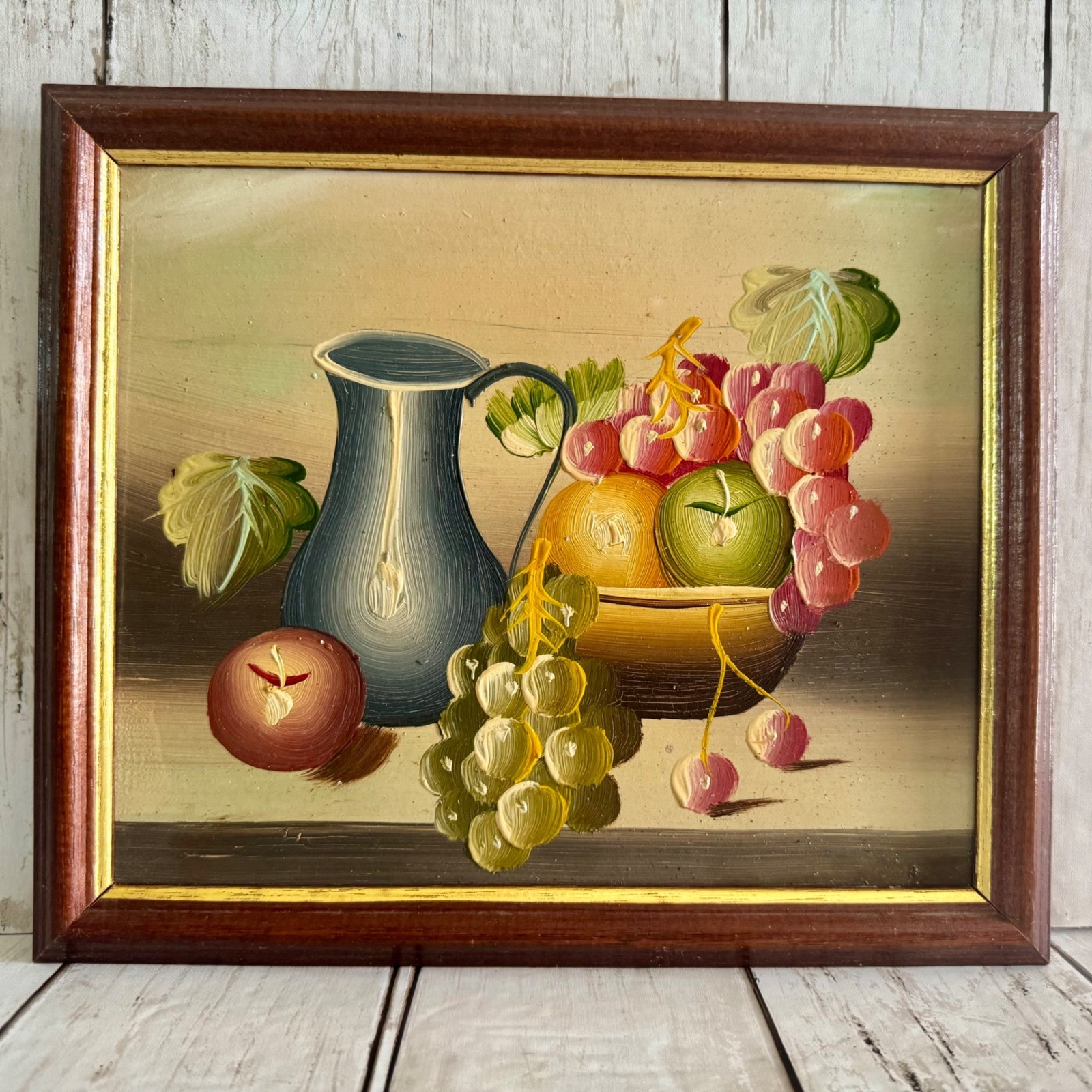Vintage Still Life Fruit Oil Painting Impasto Textured Blue Pitcher Framed Art