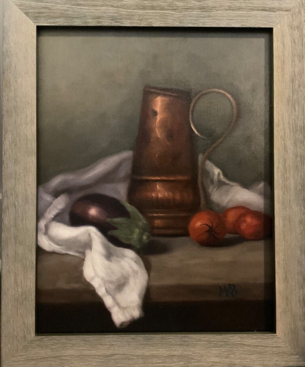 Original Oil Painting Still Life Copper Mug, Eggplant, Tomatoes, Signed MKB