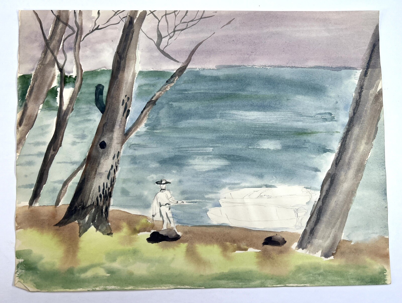 Vtg Unfinished Watercolor Folk Art Painting Man With Boat Lake Scene 10×14”