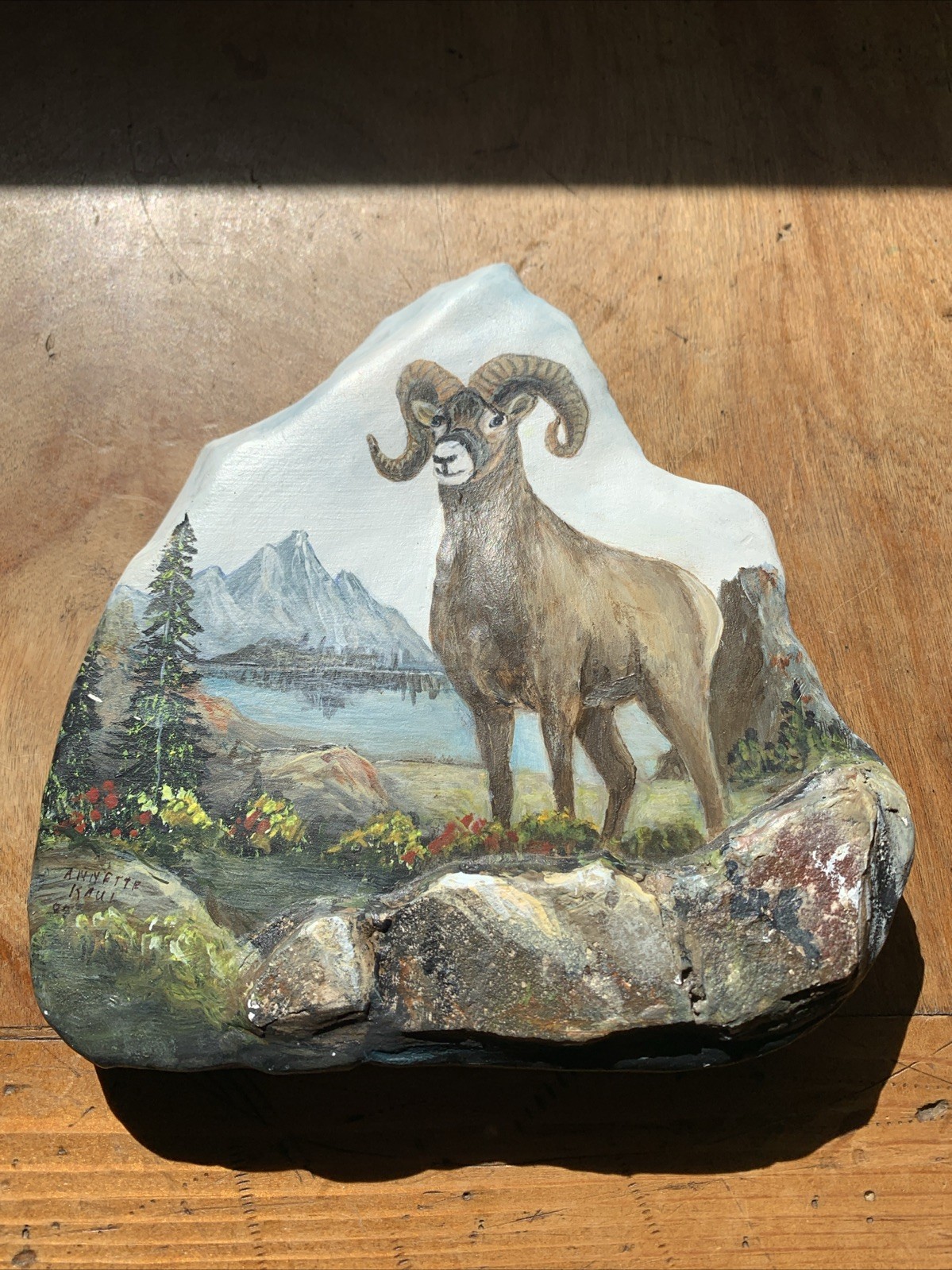 Handpainted Artist signed Rock Longhorn Sheep Mountain Lake Scene Unique
