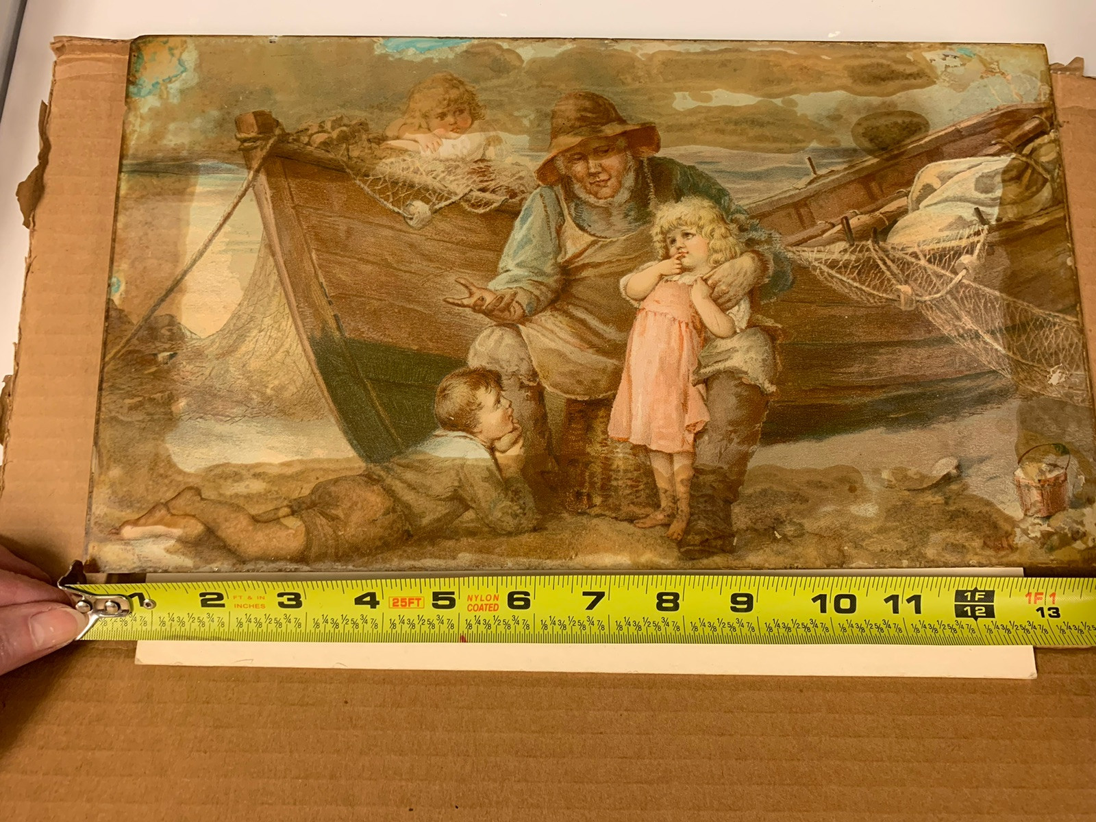 Vtg Antique Reverse Painted Glass Panel Old Fisherman Sailor Boat Children Nets
