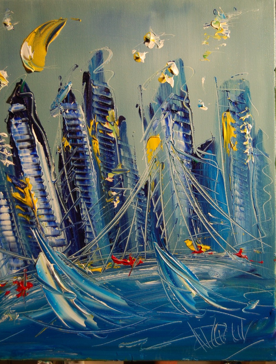Oil Painting CITYSCAPE BLUE abstract SIGNED Original on canvas IMPRESSIONIST