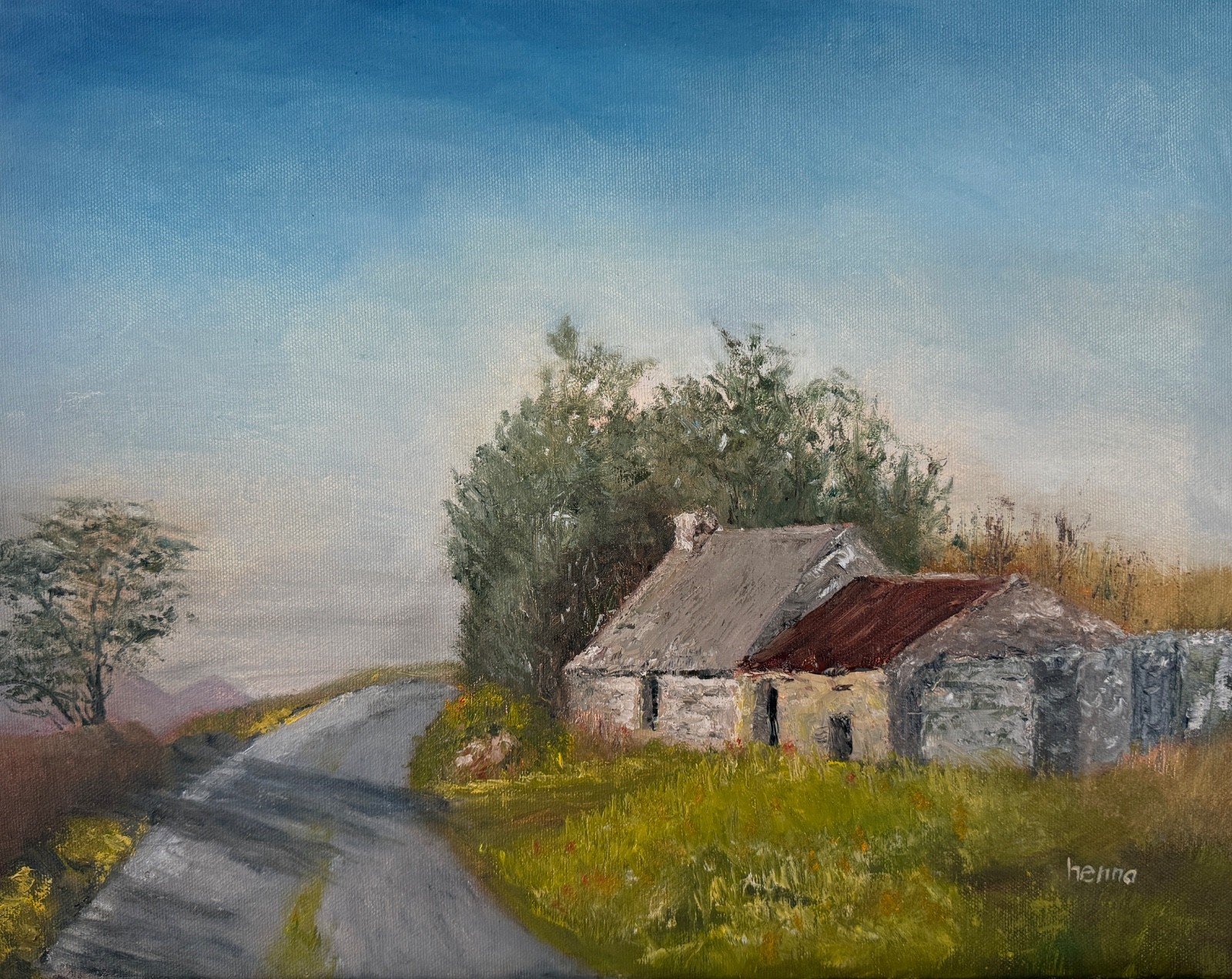Original Oil Cottage Painting, Vintage rural scene,: Old Stone Cottage (18×14″)
