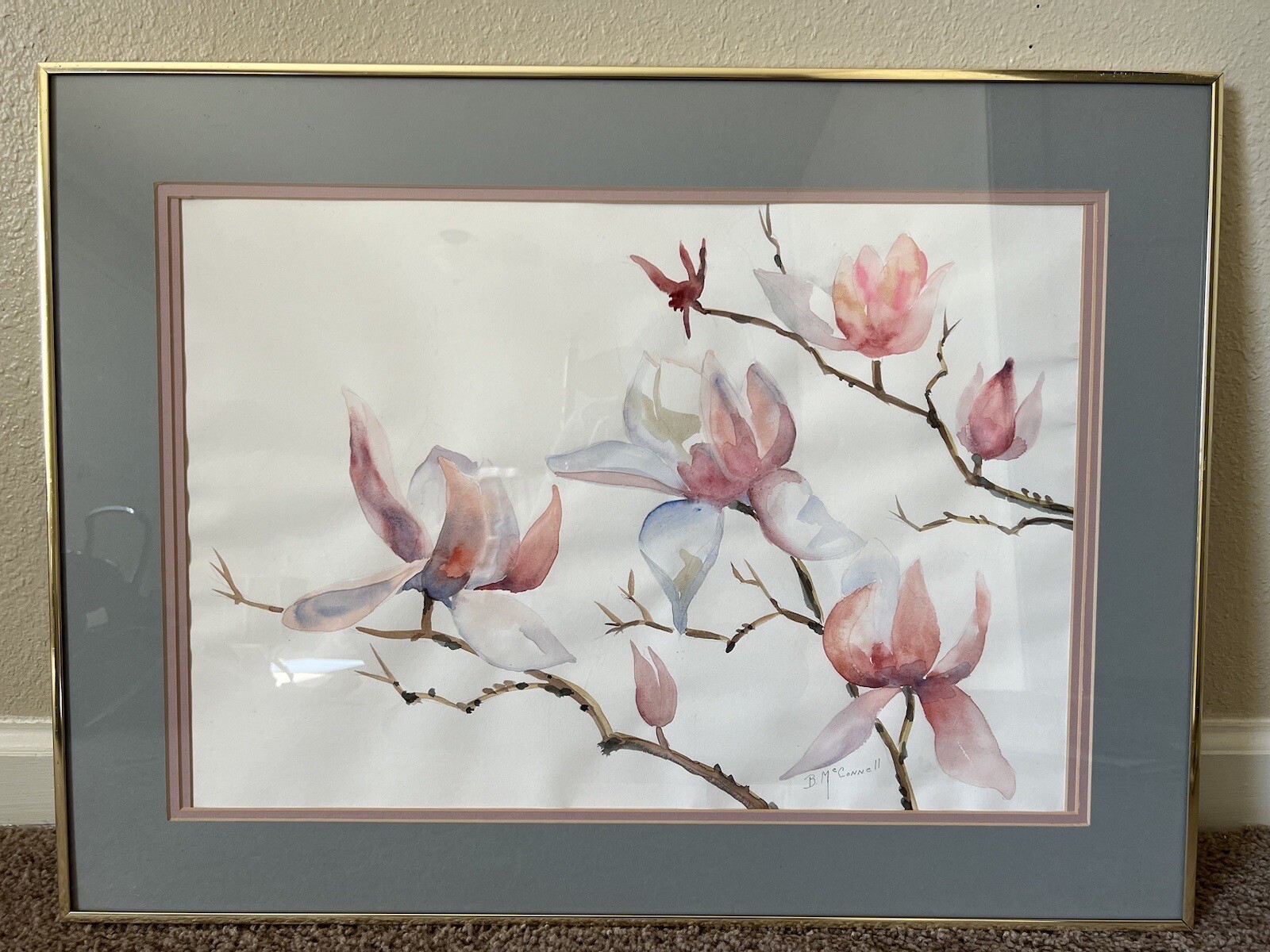 Vintage original watercolor painting signed framed Pink Magnolia Flowers