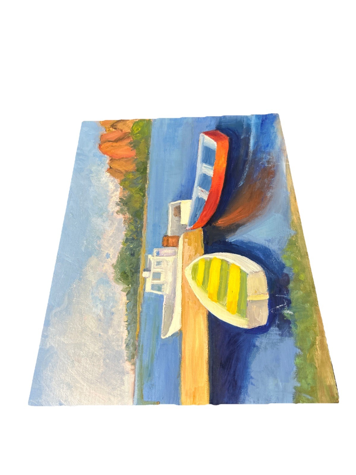 Oil impasto original painting on canvas size 16×12 inches Boats in the bay
