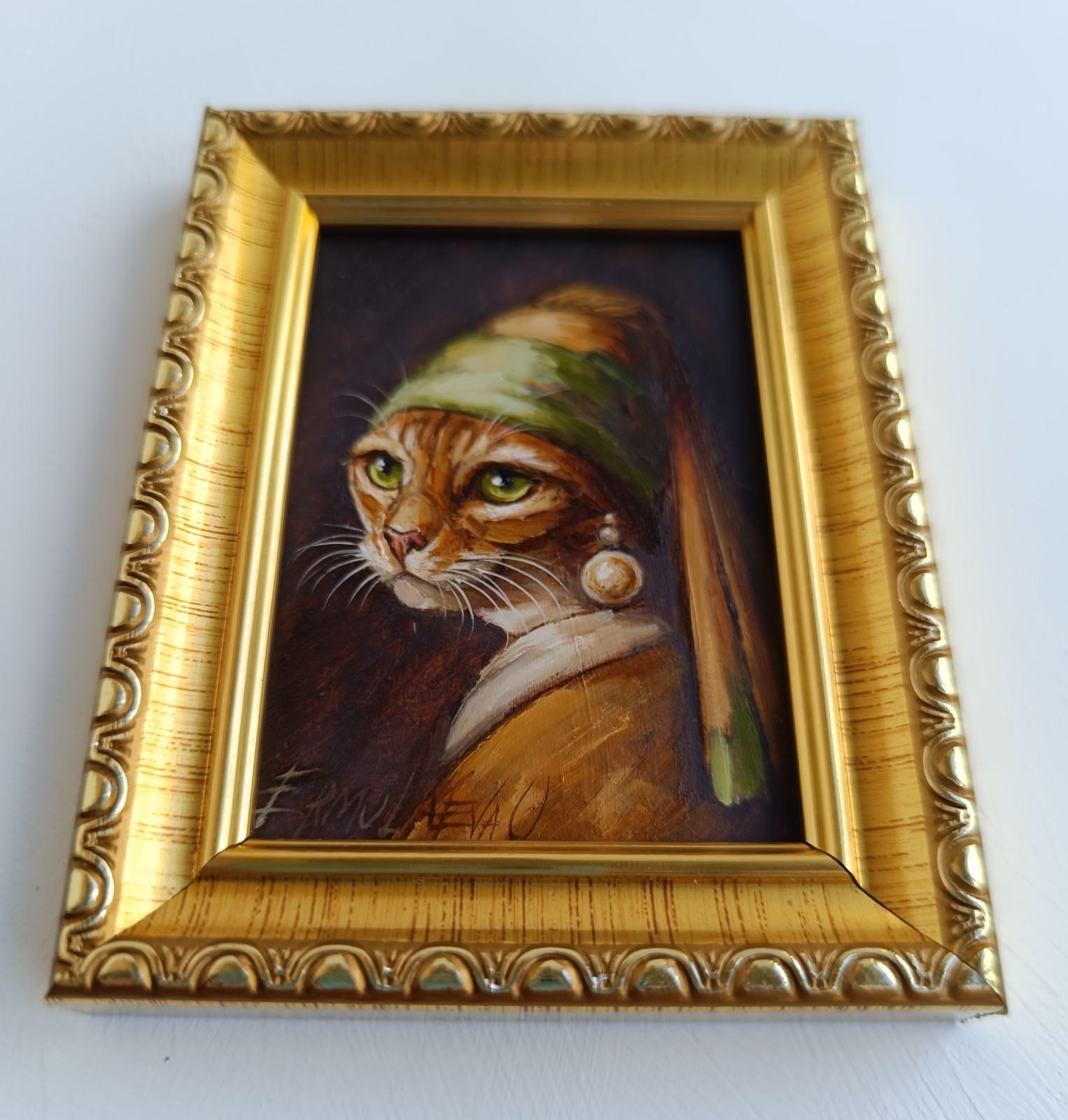 ACEO Cat with Pearl Earring Oil Painting Framed Original Artwork 2.5×3.5 in