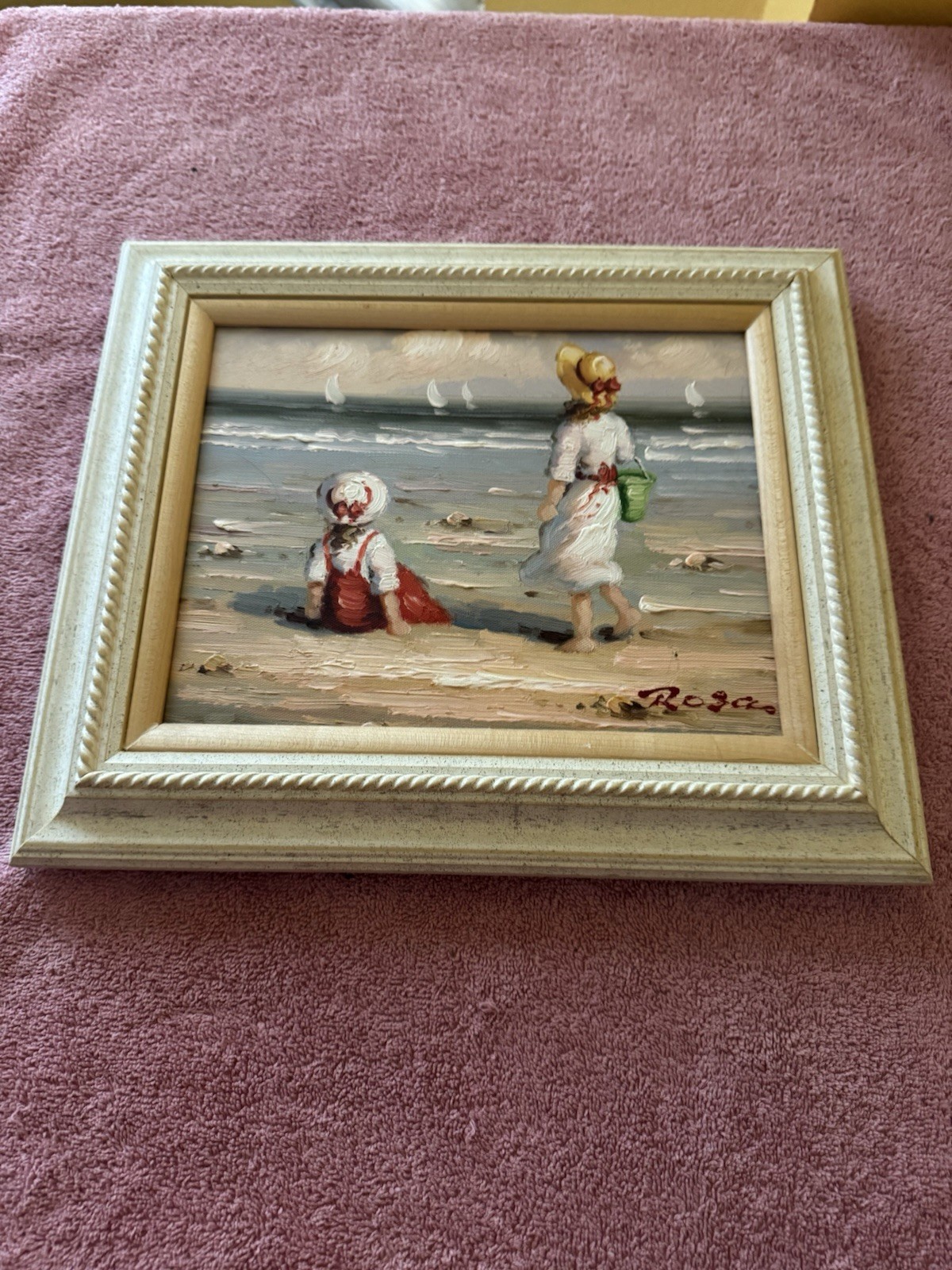 Contemporary Oil Seascape Painting~Young Girls At The Beach~Signed Rosas~8×10