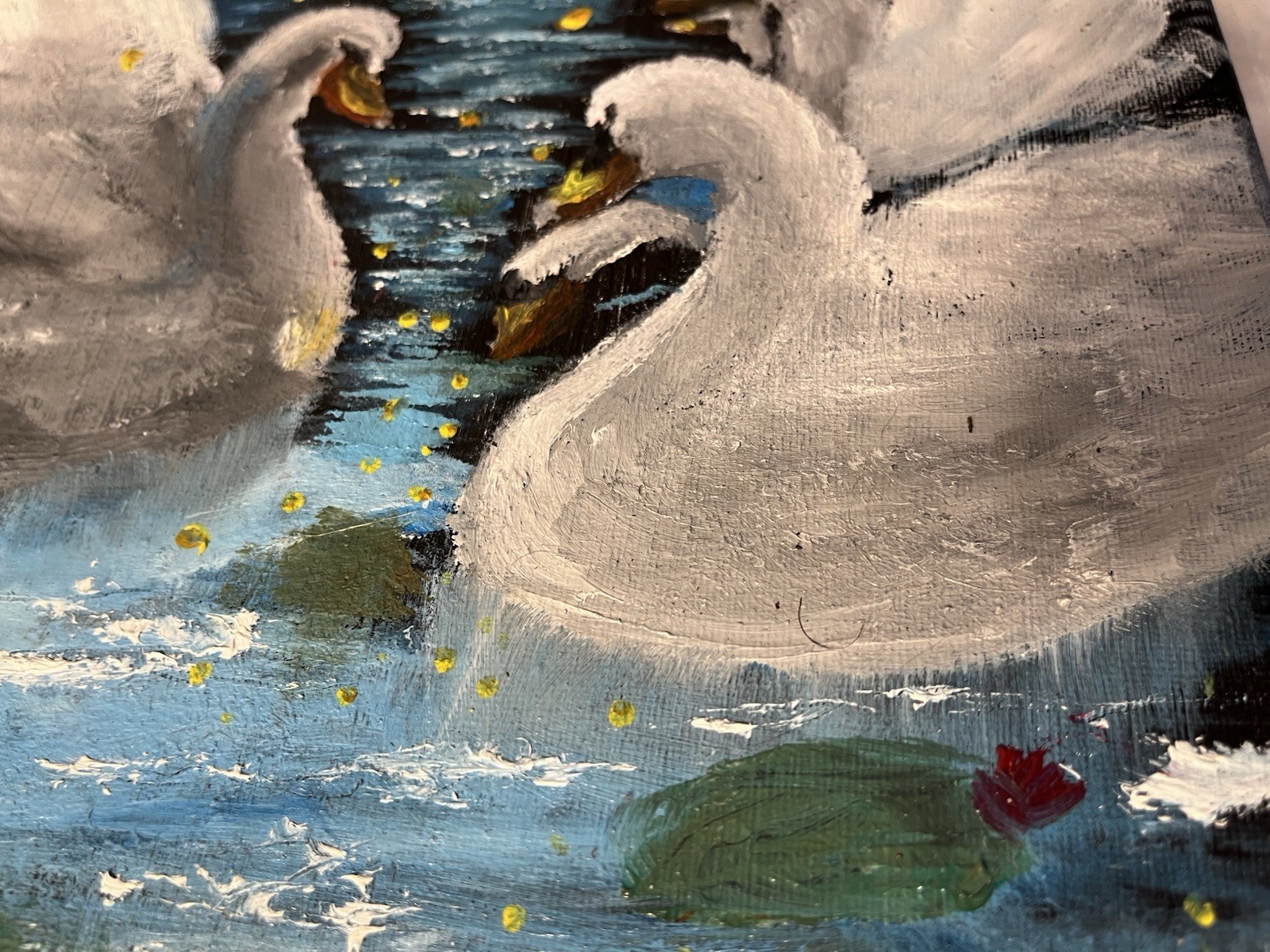 Original Impressionist Swans on Water Oil Painting on Canvas