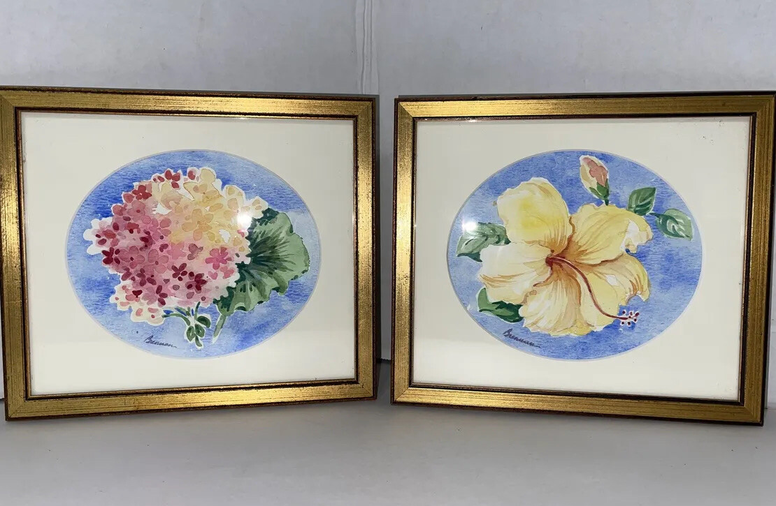 Brennan Floral Paintings Hydrangea Hibiscus Watercolor Framed 8×7.5” Set Of 2