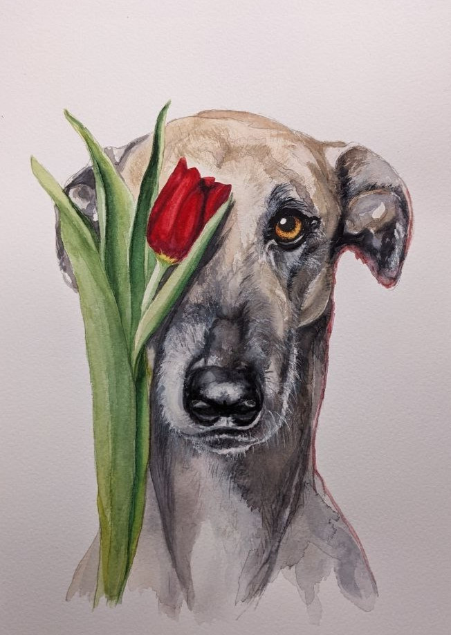 Dog Watercolor Painting Pet Animal Lover Gift Nursery Art Puppy With Flower