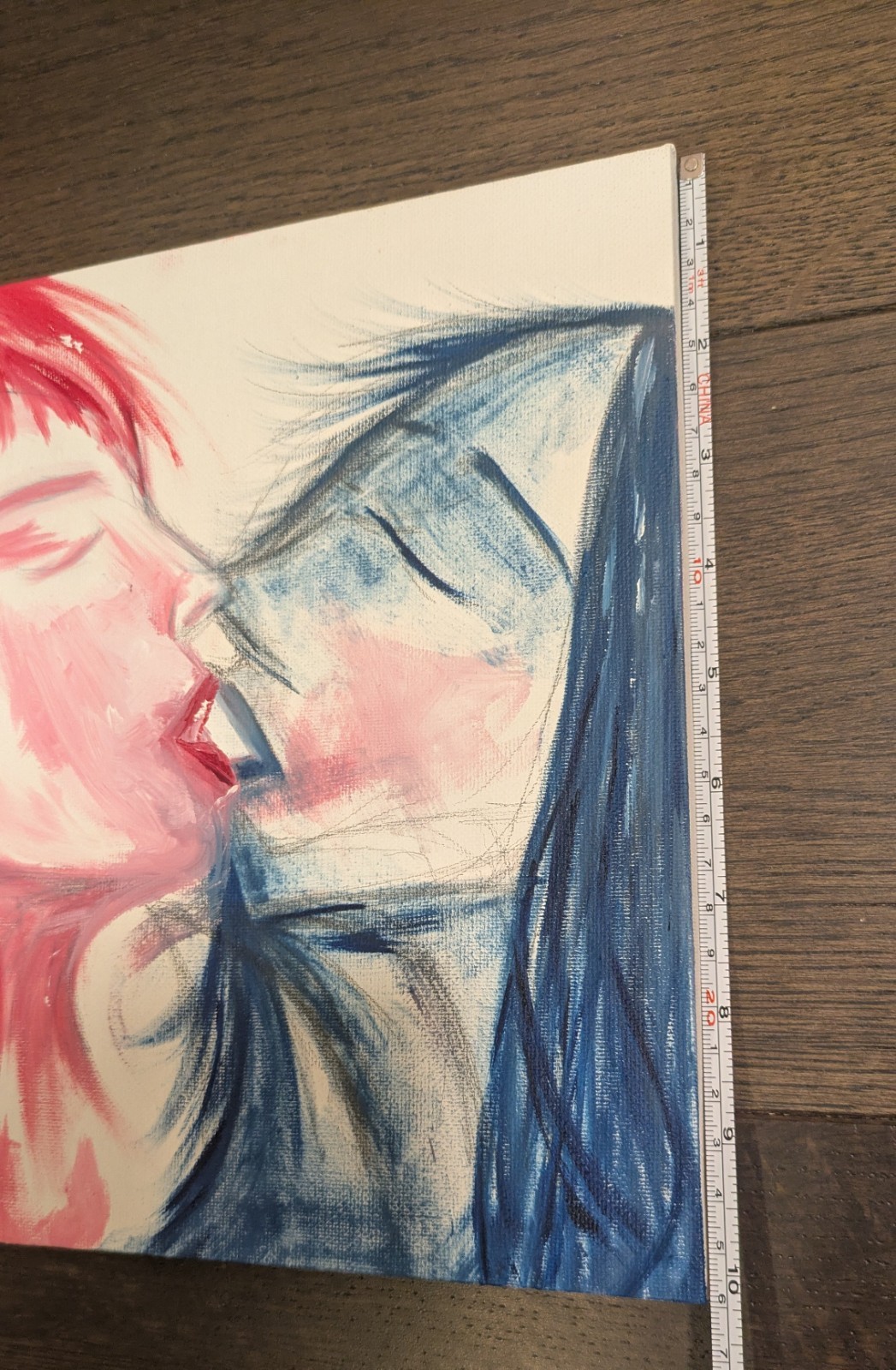 Original Gouache Canvas Painting, Red Blue Lesbian Handcrafted Art