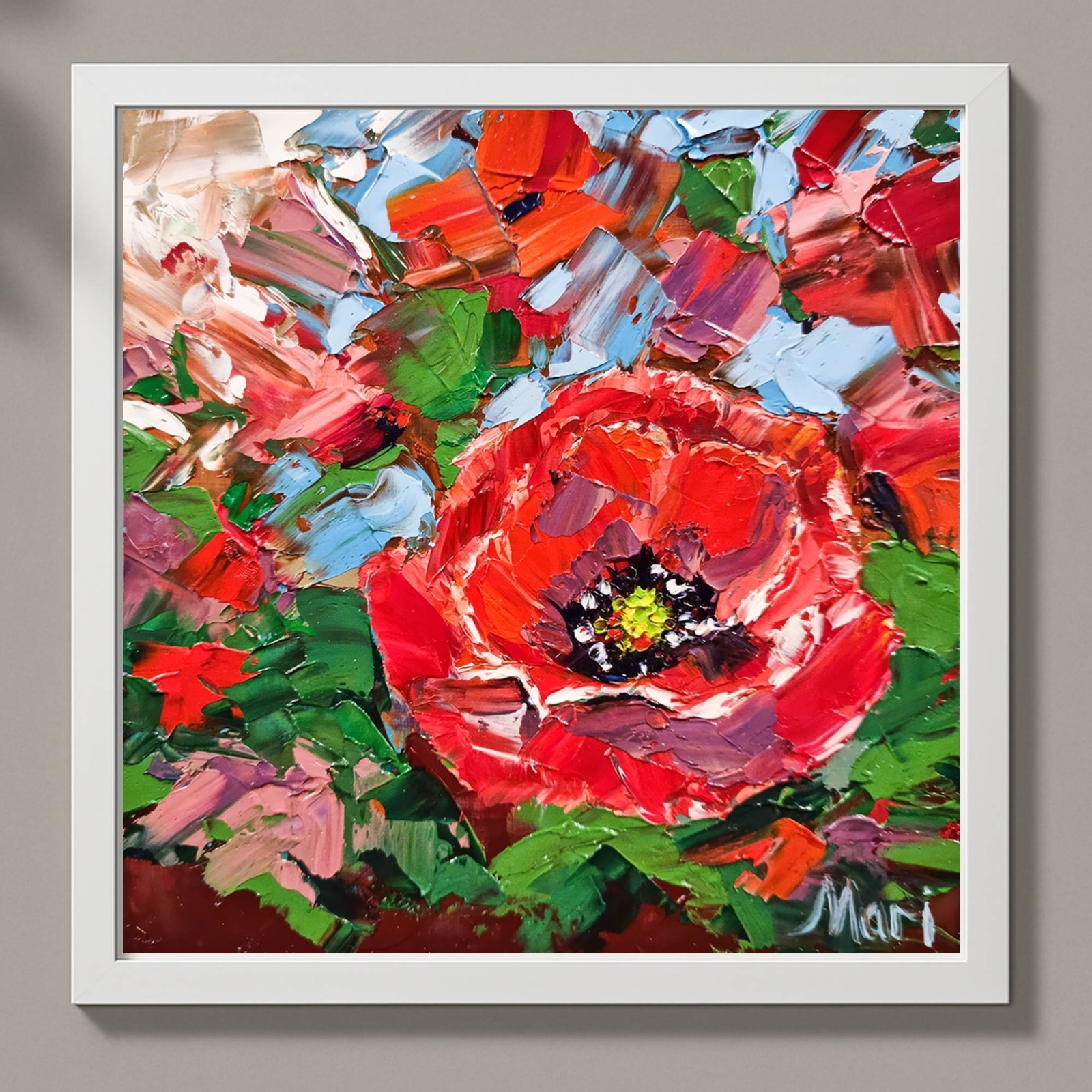 Poppy Flower Painting Red Floral Original Oil Art 8×8 Blue Impressionist Decor