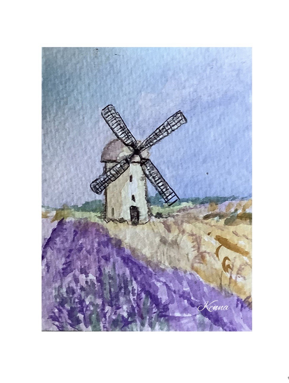 Painting Aceo Windmill Landscape by Kenna 2.5” X 3.5” Signed Original