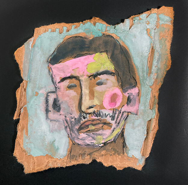 Man Portrait Painting Original Unique Naive Outsider Art Blue & Pink Miz Katie