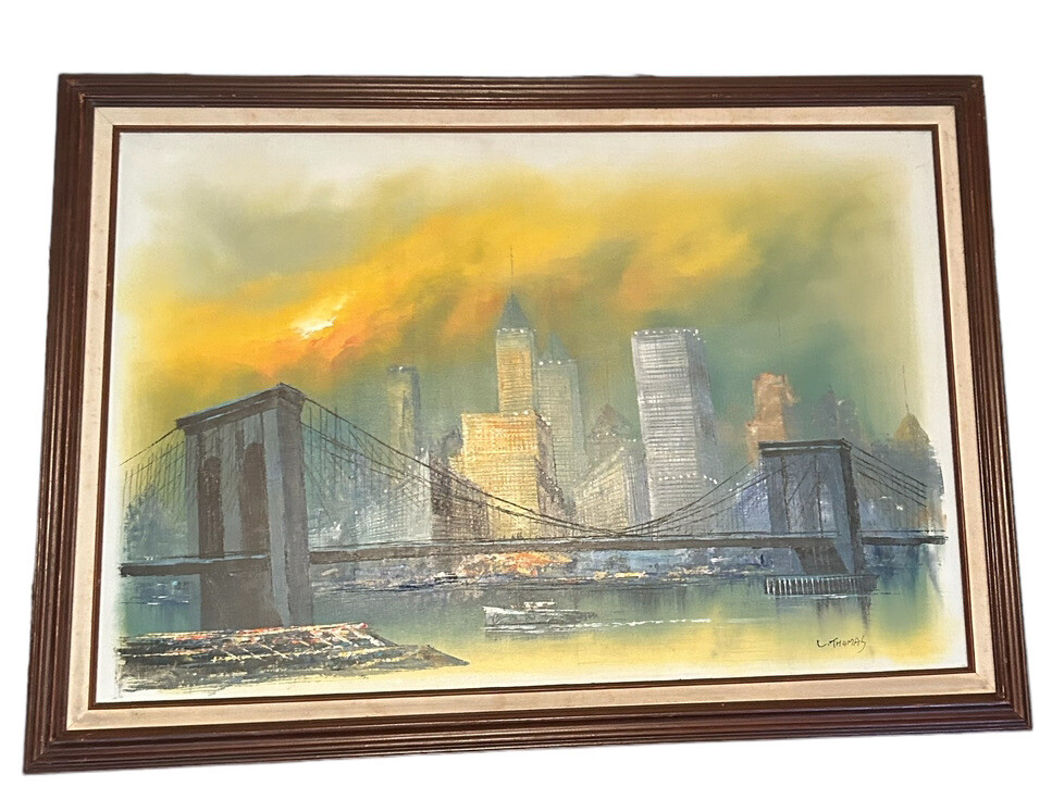 Original Oil Painting Brooklyn Bridge NYC Skyline Sun-Amazing Painting-Signed