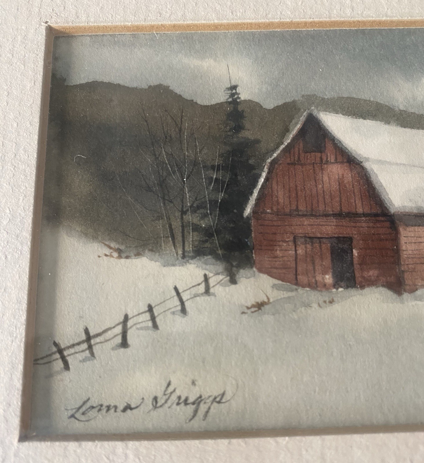 Original Watercolor Framed Matted Winter Red Barn Signed Lorna Griggs
