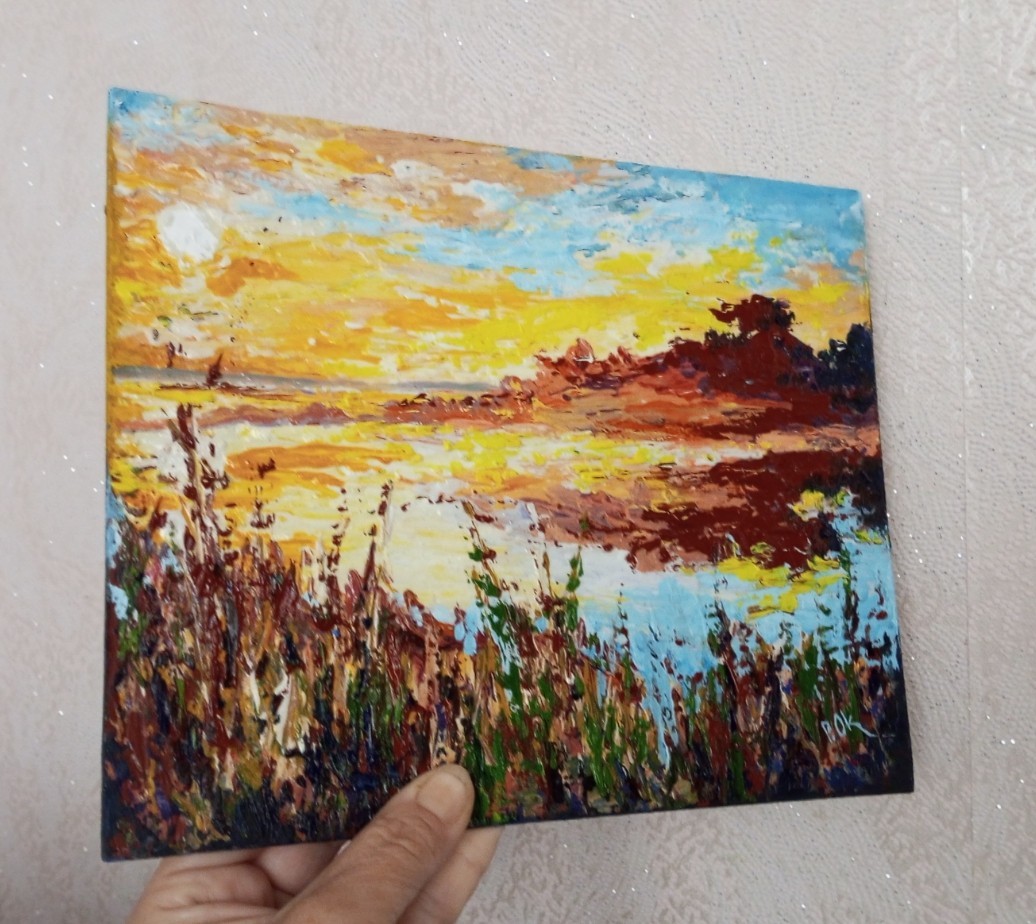Original Landscape Oil Painting Sunset Sunrise River Palette knife Texture