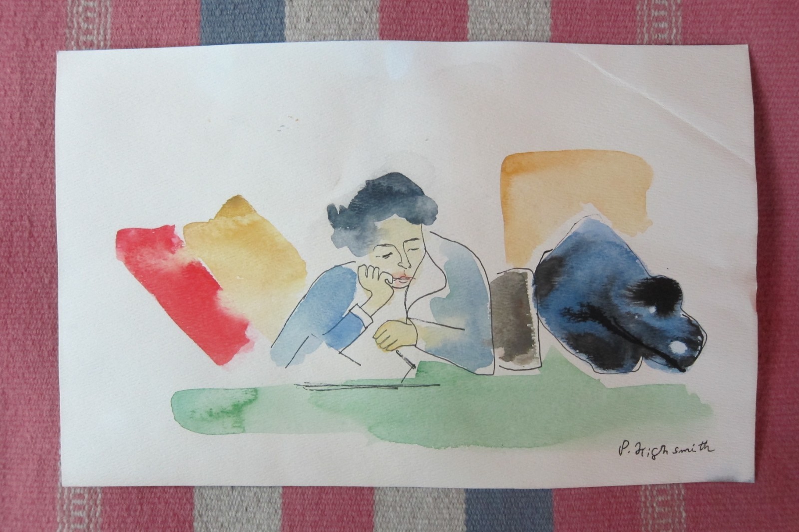 Vintage 1954 Watercolor Painting Of A Woman Reading by P. Highsmith of «Ellen»
