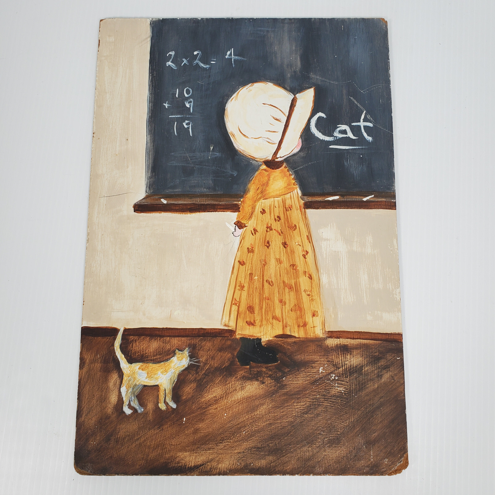 Primitive School House Girl Spelling Cat Chalkboard Math 18×12 Acrylic? Painting