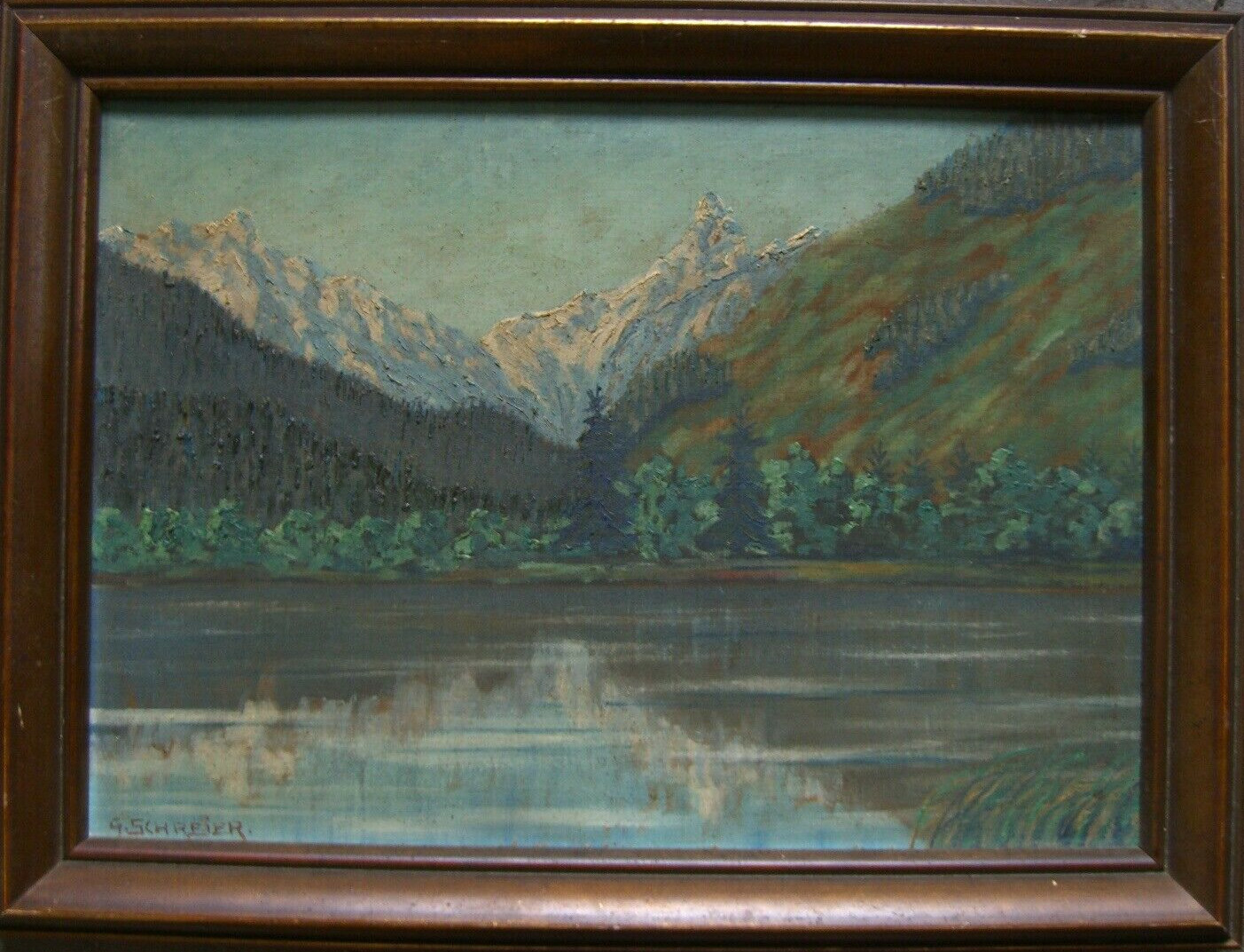 G.Schreier Alps Mountain Lake Valley Fir Forest Snow Antique Rau Signed