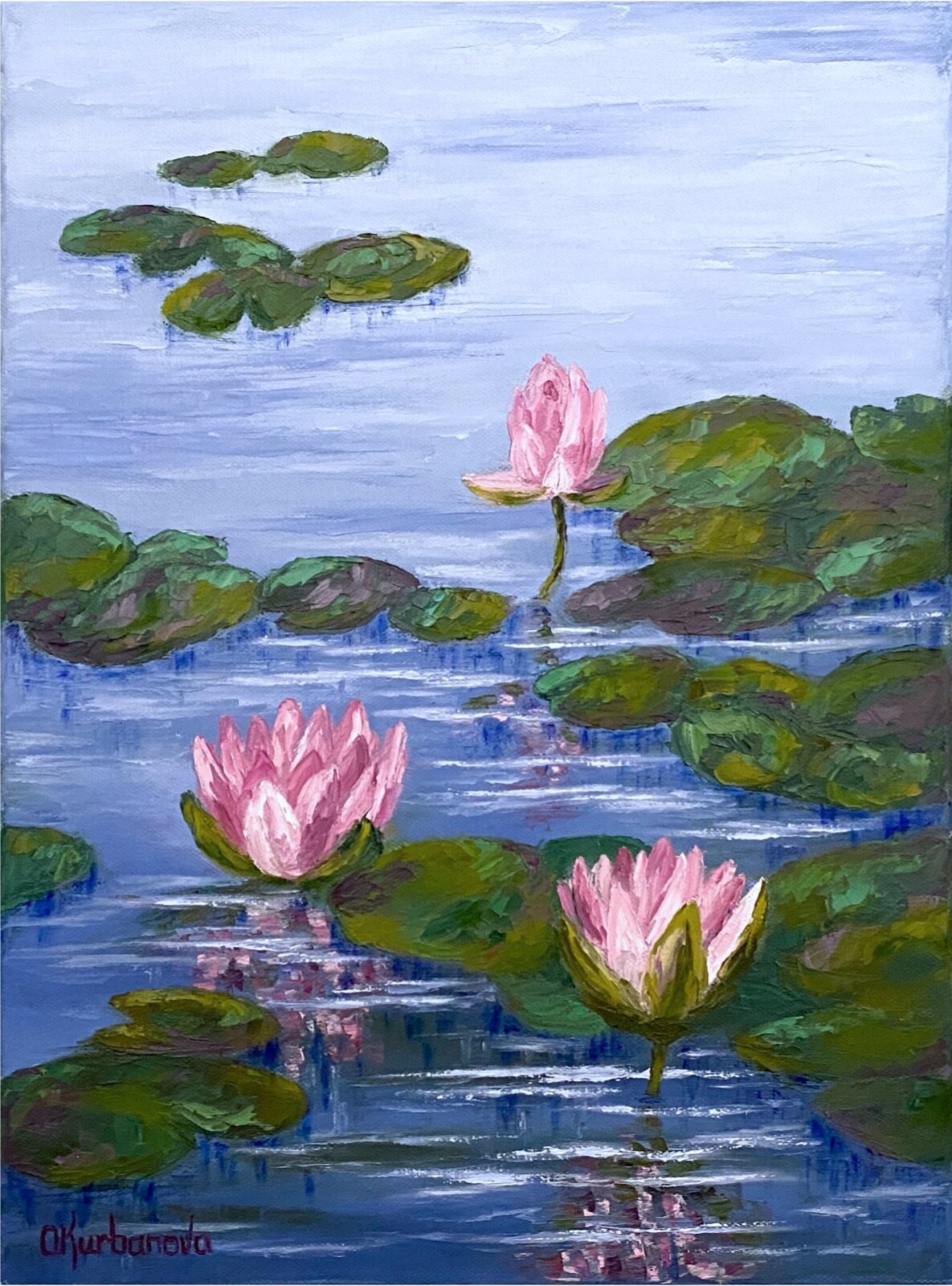 Water Lily Oil Painting Original Pond Lily Flower Lotus Monet Style Wall Art