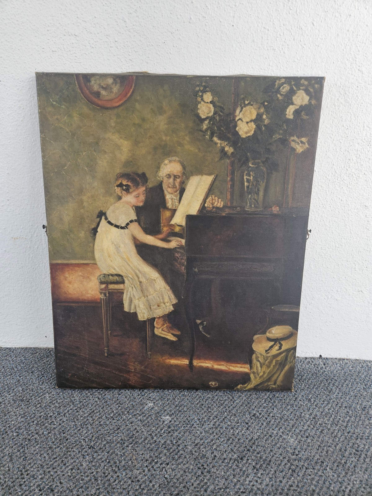 Antique Oil Painting Jules Alexis Muenier Harpsichord Lesson Vintage Canvas 1900