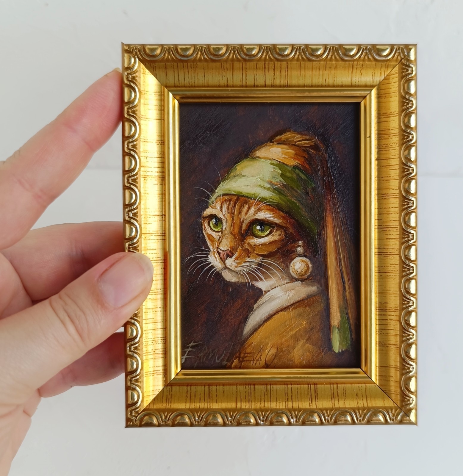 ACEO Cat with Pearl Earring Oil Painting Framed Original Artwork 2.5×3.5 in
