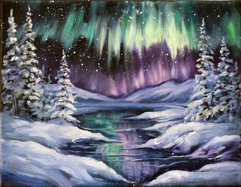 Aurora Borealis Painting Northern Lights Original Landscape Minnesota Art